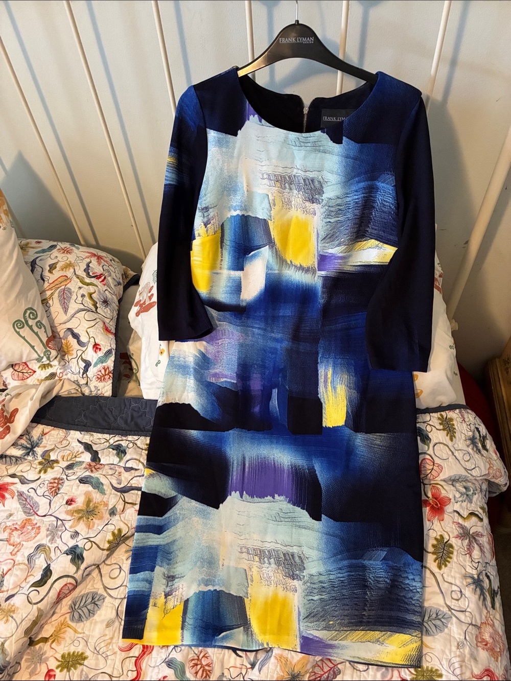 Frank Lyman Design Navy, Blue & Yellow Abstract Midi Sheath Dress